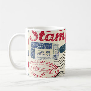 Retro postzegels, collectie. koffiemok