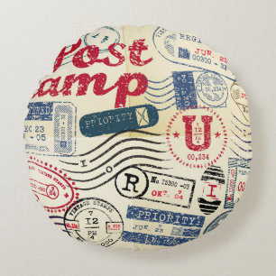 Retro postzegels, collectie. rond kussen