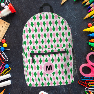 Retro Preppy Argyle Roze En Groene Monogram Bedrukte Rugzak