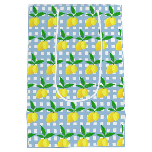 Retro Preppy Style Yellow Lemons Blue White Check Medium Cadeauzakje (Achterkant)