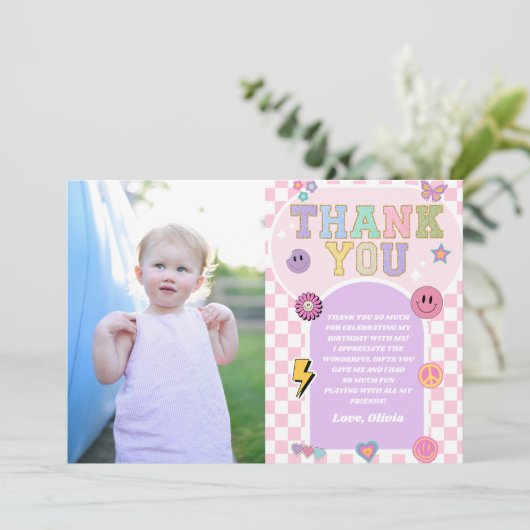 Retro Preppy Varsity Patch Verjaardagsfeestje Bedankkaart (Staand voorkant)