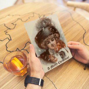 Retro prettige kerstdame feestdagenkaart