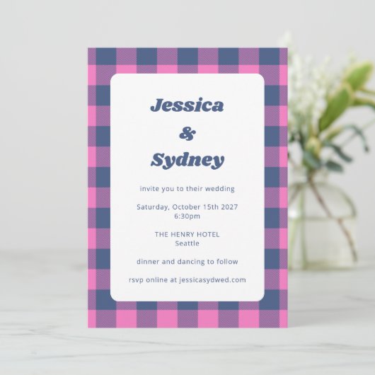 Retro Pset Gecontroleerd Paars en marineblauw huwe Kaart (Staand voorkant)