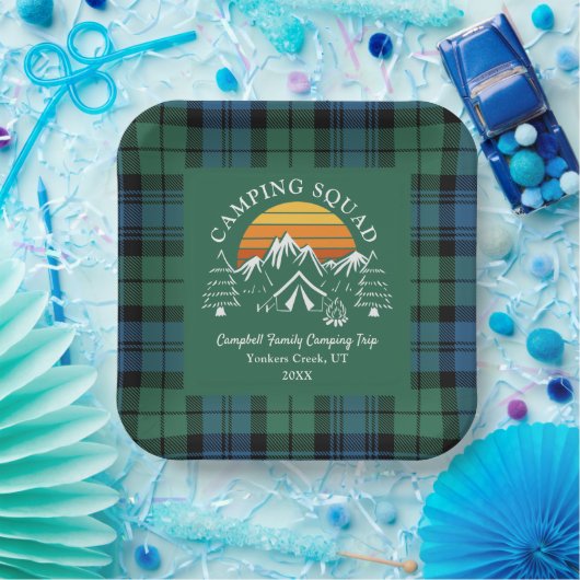 Retro Pset Tartan Family Camping Squad Campbell Papieren Bordje (Feest)