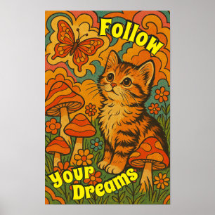 Retro Psychedelic Kitten Kijken Vlinder Poster
