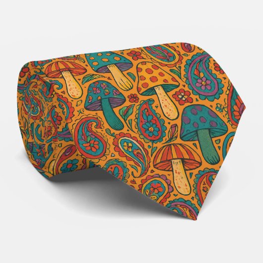 Retro Psychedelic Mushroom & Paisley Patroon Stropdas (Opgerold)