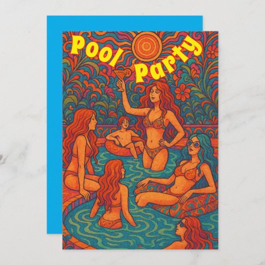 Retro Psychedelic Pool Party Uitnodiging (Voorkant / Achterkant)