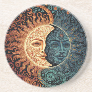 Retro Psychedelic Sun en Moon Faces Zandsteen Onderzetter
