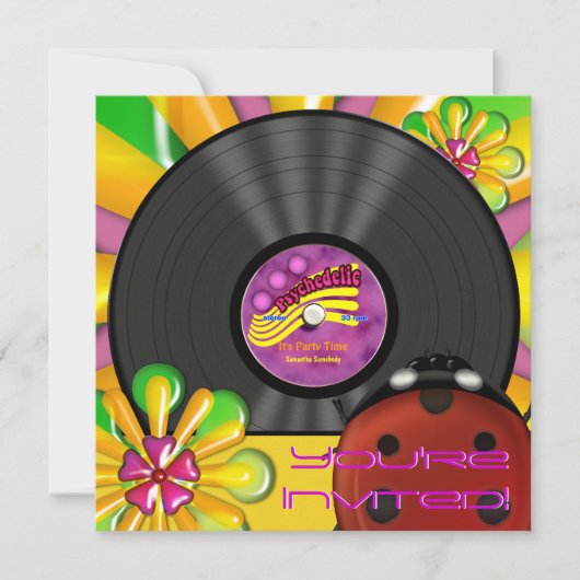 Retro Psychedelic Vinyl Record Party Uitnodigingen (Voorkant)