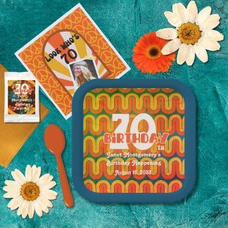 Retro Psychedelic Wave 70e verjaardag Papieren Bordje