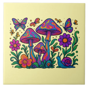 Retro Psychedelische Bloemen & Paddestoelen Tegeltje