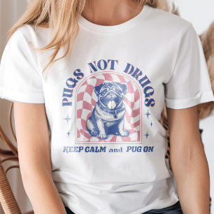Retro 'Pugs Not Drugs' Bubblegum Roze en Blauw Leu T-shirt