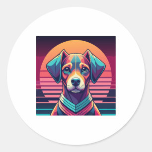 Retro Pulse Pup 80s Zonsondergang Vibes Ronde Sticker