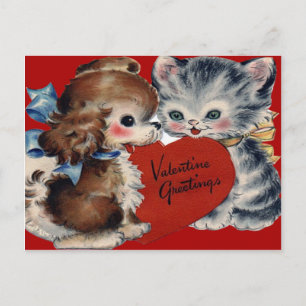 Retro Puppy & Kitten Valentijn Kaart