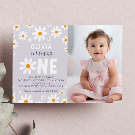 Retro Purple Daisy First Birthday Photo Invitation