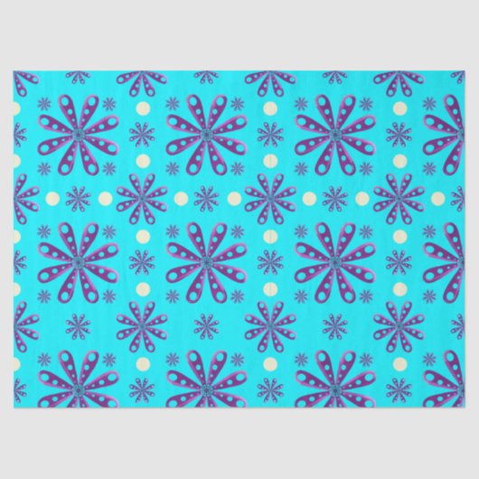 Retro Purple Flowers on Blue Background Tissuepapier (Voorkant)