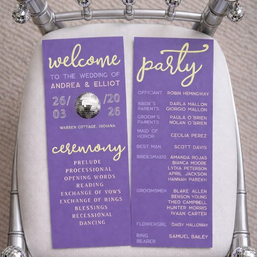 Retro Purple Spring Disco Wedding Ceremony Program Programma