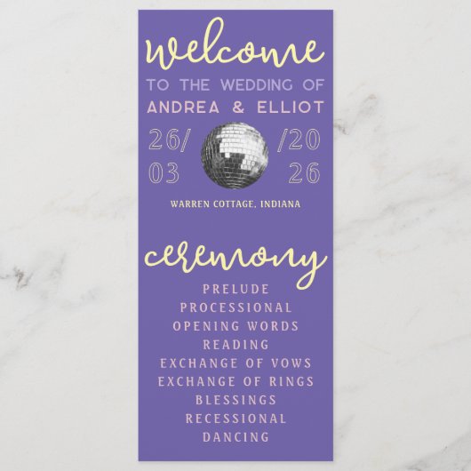 Retro Purple Spring Disco Wedding Ceremony Program Programma (Voorkant)