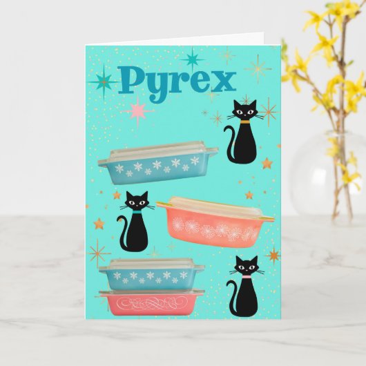 Retro Pyrex en zwarte katten uit de middeleeuwen Kaart (Gele Bloem)