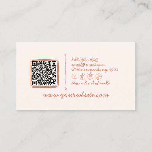 Retro QR Code Roze Hand getekend Gestreept Girly B Visitekaartje (Achterkant)