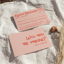 Retro Quirky Hand Drawn Pink Red Unique Wedding RSVP Kaartje