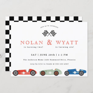 Retro Race Car Theme Joint Birthday Kaart