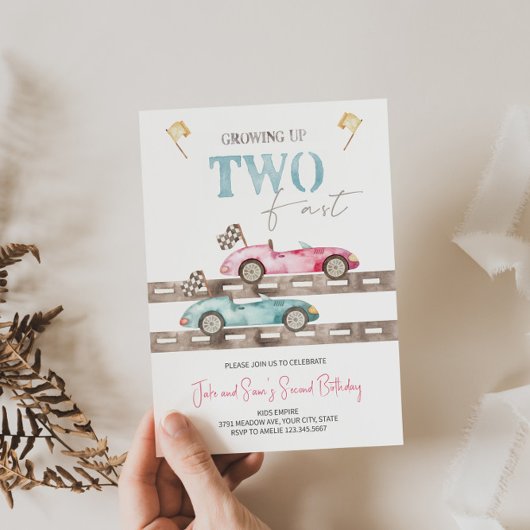 Retro Race Cars Twins Anniversaire Invitation