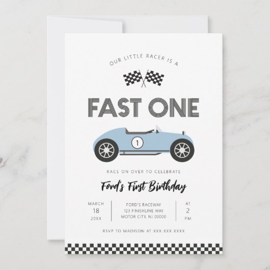 Retro raceauto snel één eerste verjaardag kaart (Voorkant)