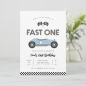 Retro raceauto snel één eerste verjaardag kaart (Staand voorkant)