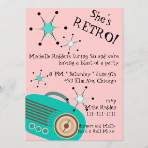 Retro Radio Pink en Turquoise Birthday Uitnodiging