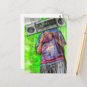 Retro Radio Wekker Vrouw op Groene Collage Briefkaart