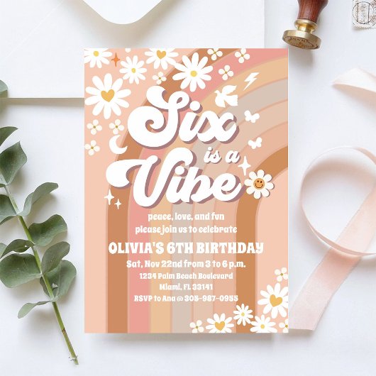 Retro Rainbow 6th Birthday Invitation Kaart
