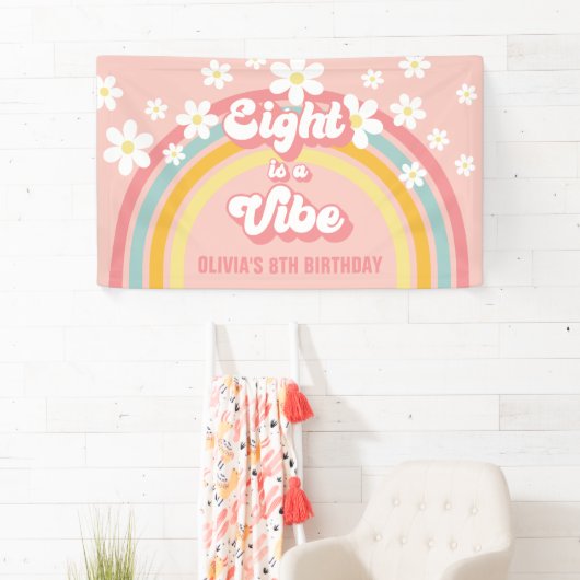 Retro Rainbow Acht is een Vibe Groovy 8e verjaarda Spandoek (Insitu)