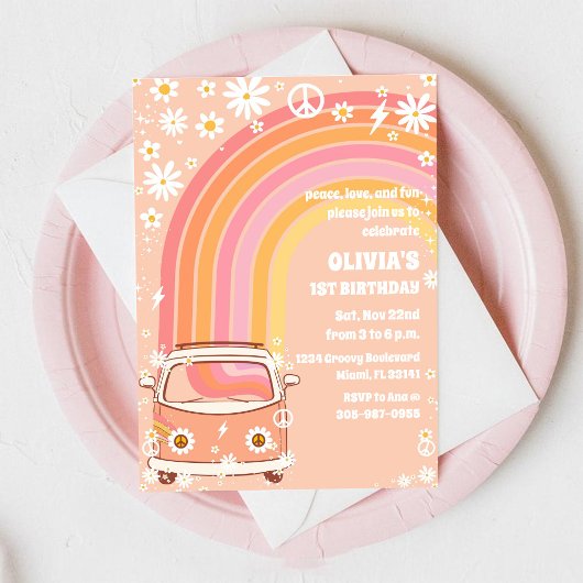 Retro Rainbow Birthday Invitation Kaart