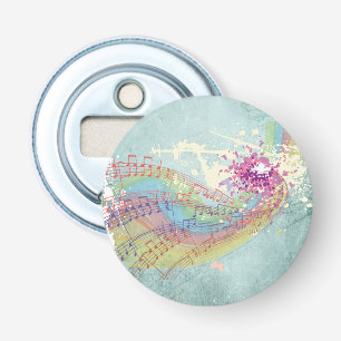 Retro Rainbow en Muzieknoten op een Shabby Texture Button Flesopener