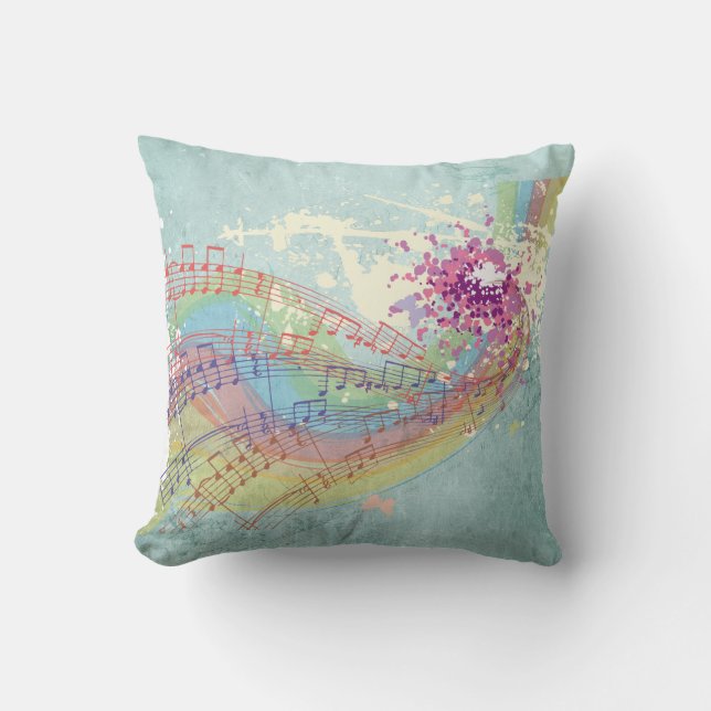 Retro Rainbow en Muzieknoten op een Shabby Texture Kussen (Voorkant)