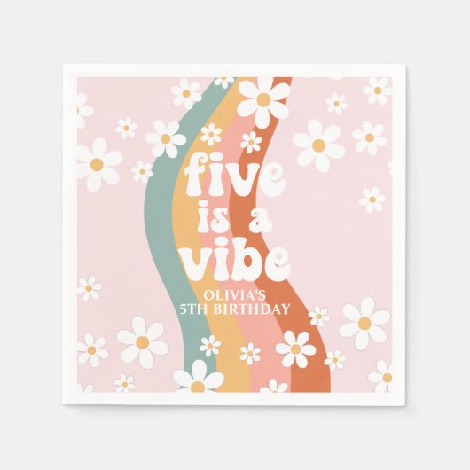 Retro Rainbow Five is een Vibe Daisy 5th Birthday Servet (Voorkant)