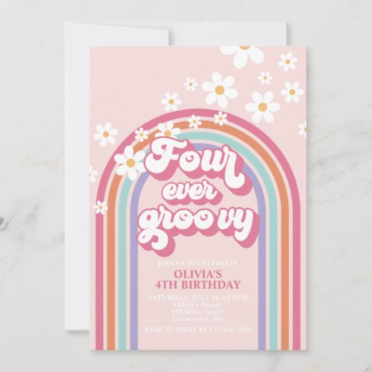 Retro Rainbow four Ever Groovy 4e verjaardag Kaart (Voorkant)