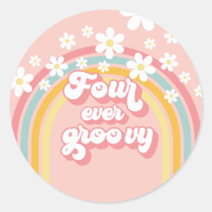 Retro Rainbow four Ever Groovy 4e verjaardag Ronde Sticker