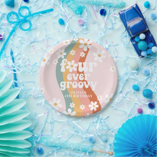 Retro Rainbow Four Ever Groovy Daisy Papieren Bordje (Feest)
