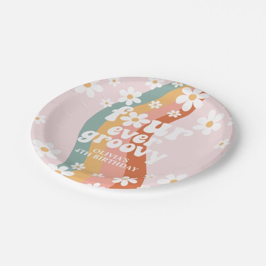 Retro Rainbow Four Ever Groovy Daisy Papieren Bordje (Gekanteld)