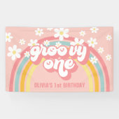 Retro Rainbow Groovy 1 1e verjaardag Spandoek (Horizontaal)