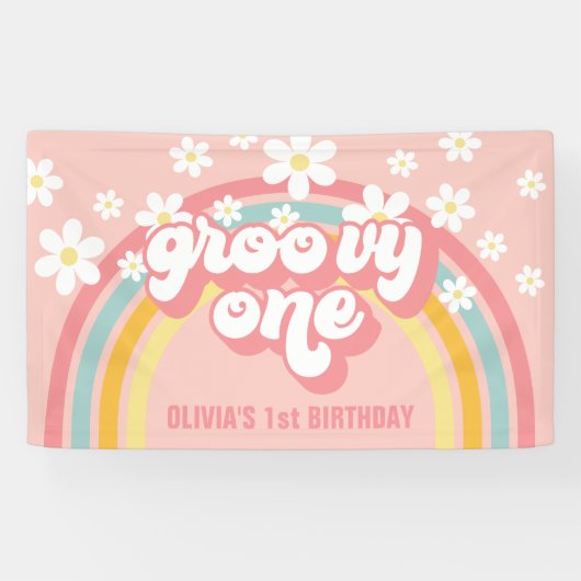 Retro Rainbow Groovy 1 1e verjaardag Spandoek (Horizontaal)