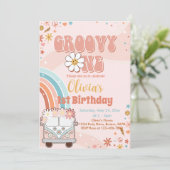 Retro Rainbow Groovy 1 1e verjaardag uitnodiging (Staand voorkant)