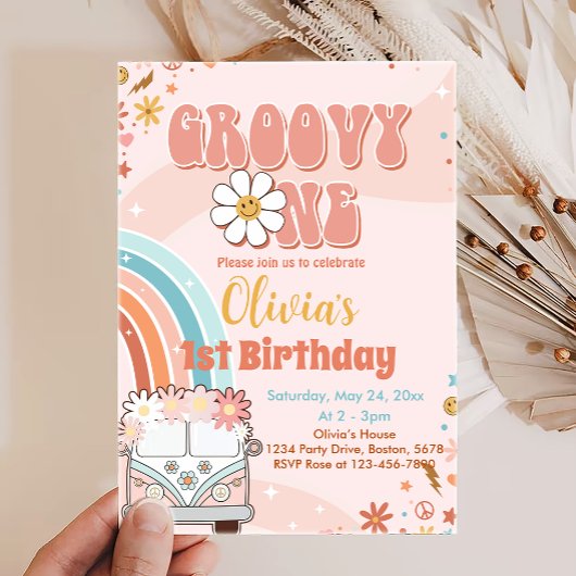 Retro Rainbow Groovy 1 1e verjaardag uitnodiging