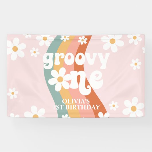 Retro Rainbow Groovy One Daisy 1st Spandoek (Horizontaal)