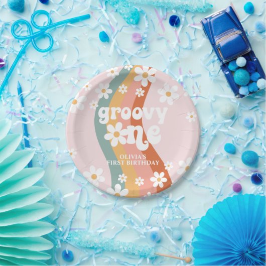 Retro Rainbow Groovy One Daisy Papieren Bordje (Feest)