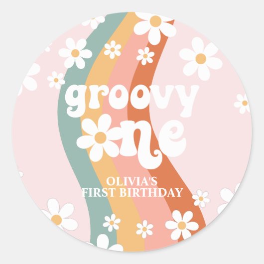 Retro Rainbow Groovy One Daisy Ronde Sticker (Voorkant)