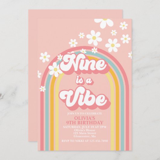 Retro Rainbow Nine is een Vibe Groovy 9e verjaarda Kaart (Voorkant / Achterkant)