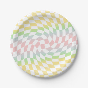 Retro Rainbow Pastel Checkerboard met ketting Papieren Bordje